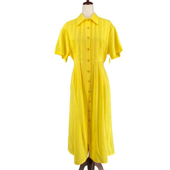 Vtg 80s 90s Two Potato Button Down Tie Back Short Sleeve Maxi Dress L Yellow NOS - Picture 1 of 16